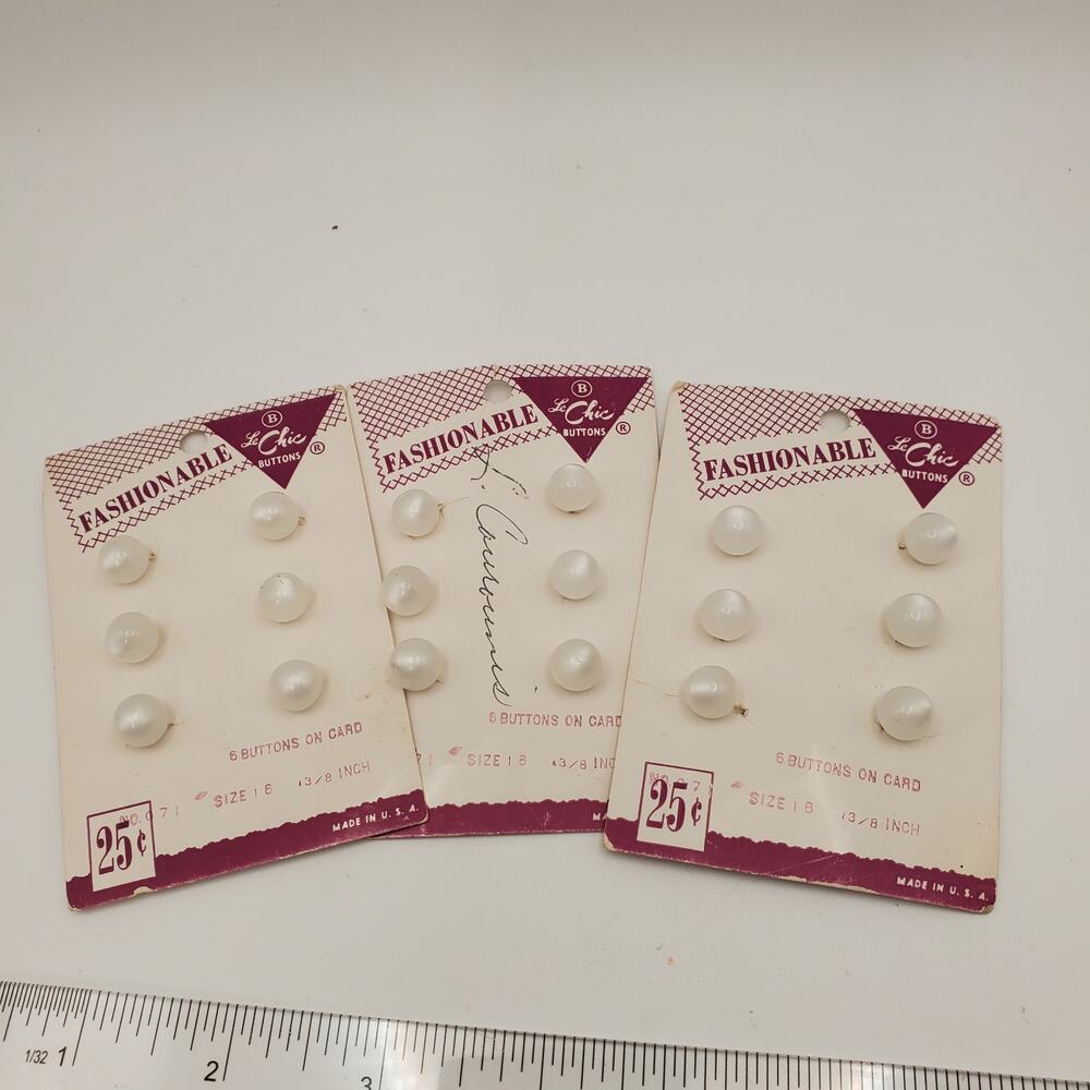 3 New Old Stock Le Chic Round Pearlescent Buttons on Cards 1950s MCM